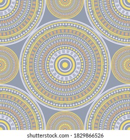 Boho ethnic motifs seamless pattern. Round medallion mandala geometric tiles. Textile print template. Clothes, carper or tile pattern. Floral geometric circular seamless ornament.