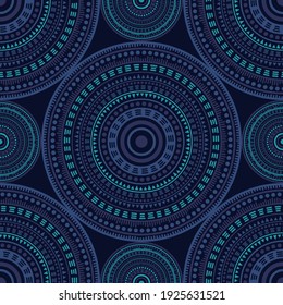 Boho Ethnic Motifs Seamless Pattern. Circle Medallion Mandala Geometric Tiles. Fabric Print Template. Retro Fashion Pattern. Classic Circular Seamless Ornament. Cute Mandala Design.