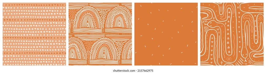 Boho, ethnic rainbow and snake seamless pattern set in warm earth colrs. Terracotta and ivory fabric print, bedding textile or wallpaper. 