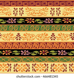 Boho ethnic seamless pattern with tribal elements. Striped vintage ornament. Background texture, packaging, design, fabric, printing paper.