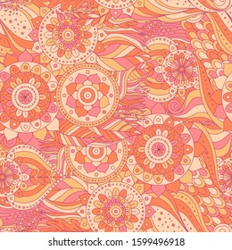 Boho ethnic tribal seamless pattern. Hand drawn wavy abstract ornament with floral details. Vector background.