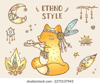 Boho Ethno Style. Vector colored set with Fox and different objects. Cartoon style. For Textile or Print design.