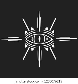 Boho evil eye. Ethnic hamsa  in aztec style. Hand drawn mystical indian print.