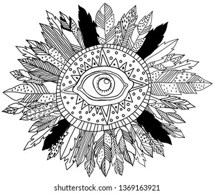 Boho eye with feathers vector illustration/ Indian tribal symbol 