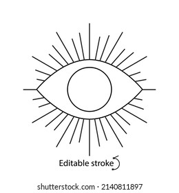 Boho eye line logo. Hypnosis and magic concept. Minimal sunny emblem. Bohemian sign. Chic badge for company branding. Editable stroke. Isolated vector stock illustration