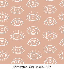 Boho Eye Seamless Pattern with hand drawn mystical elements. Trendy line art background with hand drawn eyes. Repeat modern doodle background. Ethnic boho pattern for cover, wrapping paper, wallpaper.