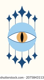 Boho eye sticker. Protection from dark forces, abstract decorations. Mysticism, magic, esotericism, religion. Unusual shapes and patterns, sacred, witchcraft. Cartoon flat vector illustration