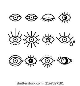 Boho eyes icon set. Geometrical linear eyes collection. Black outline. Vector illustration, flat design