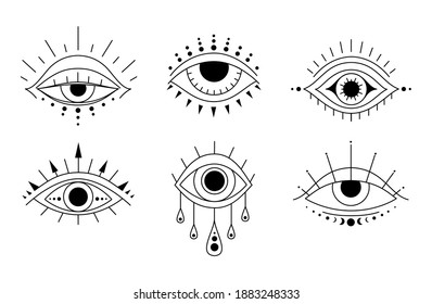 Boho eyes set in linear style. Mystic evil eye. Esoteric Vector illustration. line art collection of magical design elements in outline style. Occult logo or tatoo.