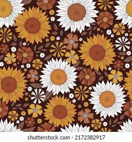 Boho fall floral sunflower daisy vector seamless pattern. Autumn flowers garden background. Groovy Halloween flower power print.