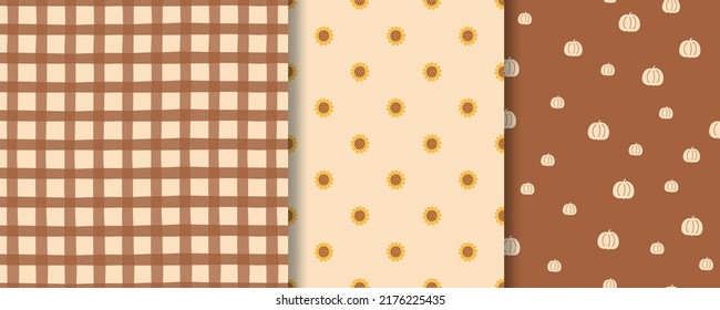 Boho fall patterns set. Sunflowers autumn pattern, checkered print, pumpkin pattern. Harvest fall background collection. Various autumn brown surface textile design, wallpaper. Vector illustration.