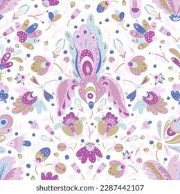 Boho fantasy flowers seamless pattern, folk floral texture pink colors