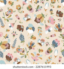 Boho fantasy flowers seamless pattern, folk floral texture