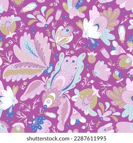 Boho fantasy flowers seamless pattern, folk floral texture pink colors