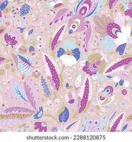 Boho fantasy flowers seamless pattern, folk floral texture pink colors