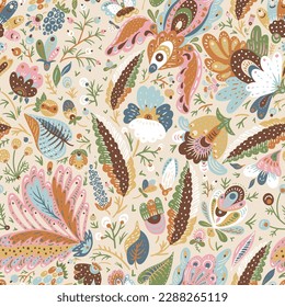 Boho fantasy flowers seamless pattern, folk floral texture