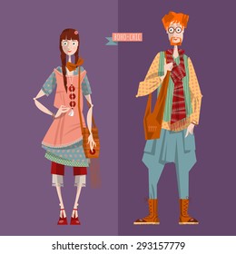 Boho fashion. Couple dressed in boho style clothes. Vector illustration