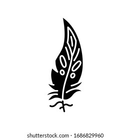 Boho feather black glyph icon. Native American Indian tribal motif, mystic symbol. Bohemian chic fashion and hippie ethnic accessory. Silhouette symbol on white space. Vector isolated illustration
