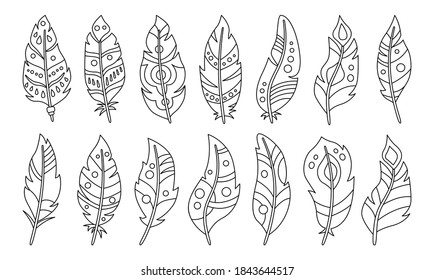 Boho feather black outline cartoon set. Line bird feathers pattern. Hand drawn tattoo design collection. Ethnic bohemian style, hipster, indian symbols. Black and white. Vector illustration