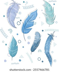 Boho feather cartoon set. Colorful bird feathers pattern, hand drawn indian design collection. Ethnic bohemian style, hipster symbols. Vector illustration