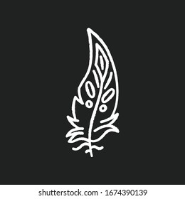 Boho feather chalk white icon on black background. Native American Indian tribal motif, mystic symbol. Bohemian chic fashion and hippie ethnic accessory. Isolated vector chalkboard illustration