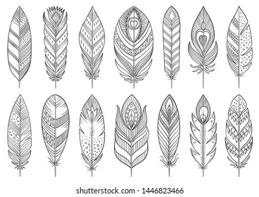 Boho feather hand drawn line set. Tribal plume collection of simple outline signs. Ethnic indian, aztec, vintage linear symbol. Sketch contour flat icon design. Isolated on white vector Illustration