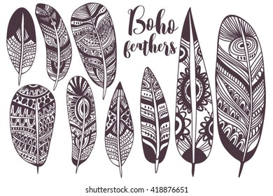 Boho feather hand drawn set. Vector illustrations of boho feathers. Boho indian feathers
