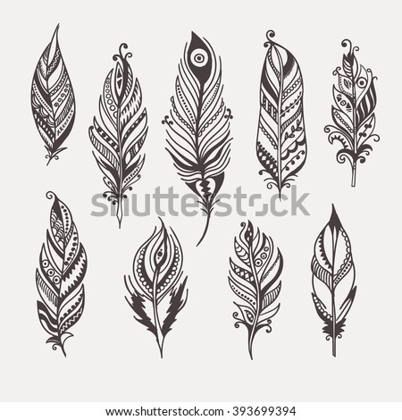 Boho Feather Hand Drawn Set Eps 8 Stock Vector (Royalty Free) 393699394 ...