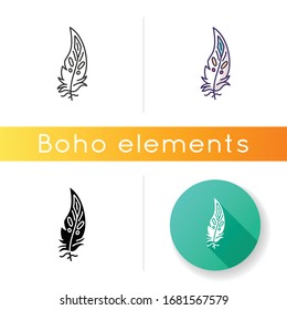 Boho feather icon. Native American Indian tribal motif, mystic symbol. Bohemian chic fashion and hippie style ethnic accessory. Linear black and RGB color styles. Isolated vector illustrations