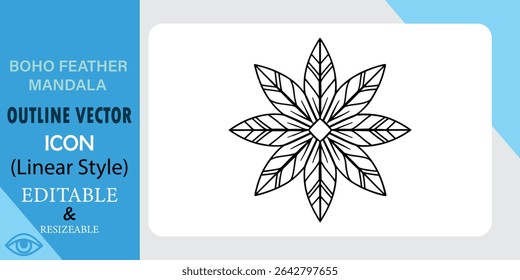 Boho Feather Mandala Outline Vector Icon Linear Style Editable Resizable