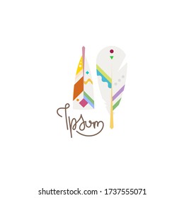 Pluma boho, símbolo nativo, natural, logo del vector literario escritor. Emblema vectorial Hipster con ilustración de plumas esponjosas