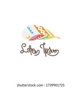Boho feather, native symbol, natural, writer literary vector logo. Hipster vector emblem with fluffy plume illustration