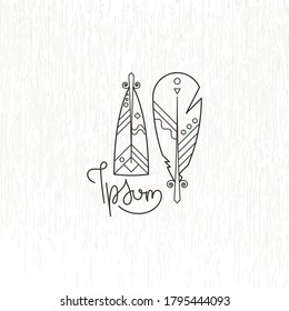 Pluma boho, símbolo nativo, natural, logo del vector literario escritor. Emblema vectorial Hipster con ilustración de plumas esponjosas