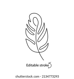 Logo del contorno de pluma Boho. El concepto de suavidad. Mínimo emblema de la vida salvaje. Cartel bohemio. Elegante placa para marca de empresa. Trazo editable. Ilustración aislada de las existencias vectoriales