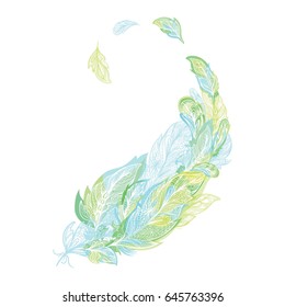 Boho Feather Print | Ornamental zentangle pattern tribal design element in blue and greenery colors