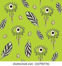 Boho feathers, diamonds and Indian eye seamless pattern. Colorful illustration for textile, fabric, paper, kids room design. Bright vector illustration