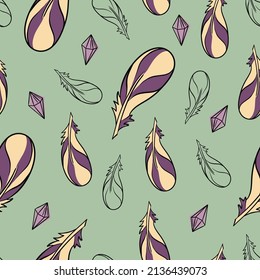 Las plumas de Boho y los diamantes son un patrón sin fisuras. Ilustración brillante para el diseño textil, de tela, de papel, de habitación infantil. Ilustración vectorial colorida