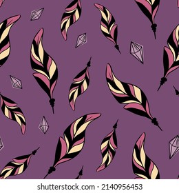 Boho feathers and diamonds seamless pattern. Bright illustration for textile, fabric, paper, kids room design. Colorful vector illustration