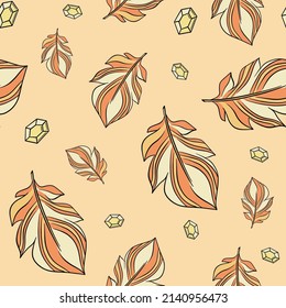 Boho feathers and diamonds seamless pattern. Bright illustration for textile, fabric, paper, kids room design. Colorful vector illustration