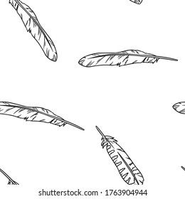 Boho feathers doodle black lineart seamless pattern. Freehand owl or hawk quill background. Vector illustration. Feather isolated on white background. Cozy lagom style texture tile
