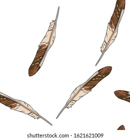 Boho feathers doodle seamless pattern. Freehand owl or hawk quill background. Vector illustration. Feather isolated on white background. Cozy lagom style texture tile
