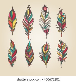 boho feathers hand drawn set eps10
