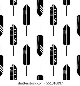 Boho feathers ornament seamless vector pattern. Black and white tileable aztec background.