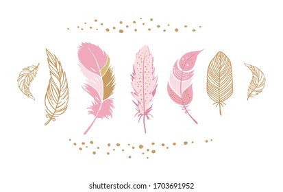 Boho feathers in pink and gold colours. Cute vector tribal isolated illustration.