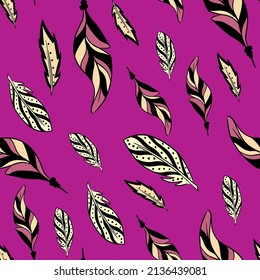 Boho feathers seamless pattern. Colorful illustration for textile, fabric, paper, kids room design. Bright vector illustration