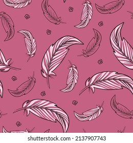 Boho feathers seamless pattern. Colorful illustration for textile, fabric, paper, kids room design. Colorful vector illustration