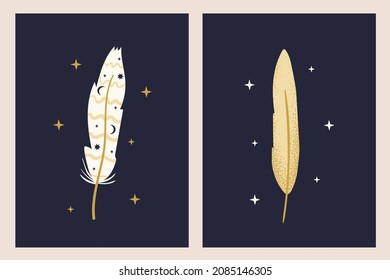 El Boho incluye la ilustración vectorial. Resumen pluma étnica con símbolos celestiales de estrellas y luna. Elemento dibujado a mano