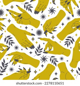 Boho female hands seamless pattern. Magic hands with long nails, mystical palms with leaves, moon and stars. Trendy style esoteric flat vector background illustration