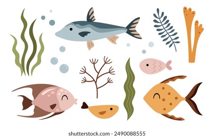 Boho fish clipart. Nautical clipart in cartoon flat style. Ocean clipart. Sea doodle. Hand drawn vector illustration.	
