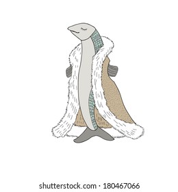 Boho fish in a fur coat.Vector